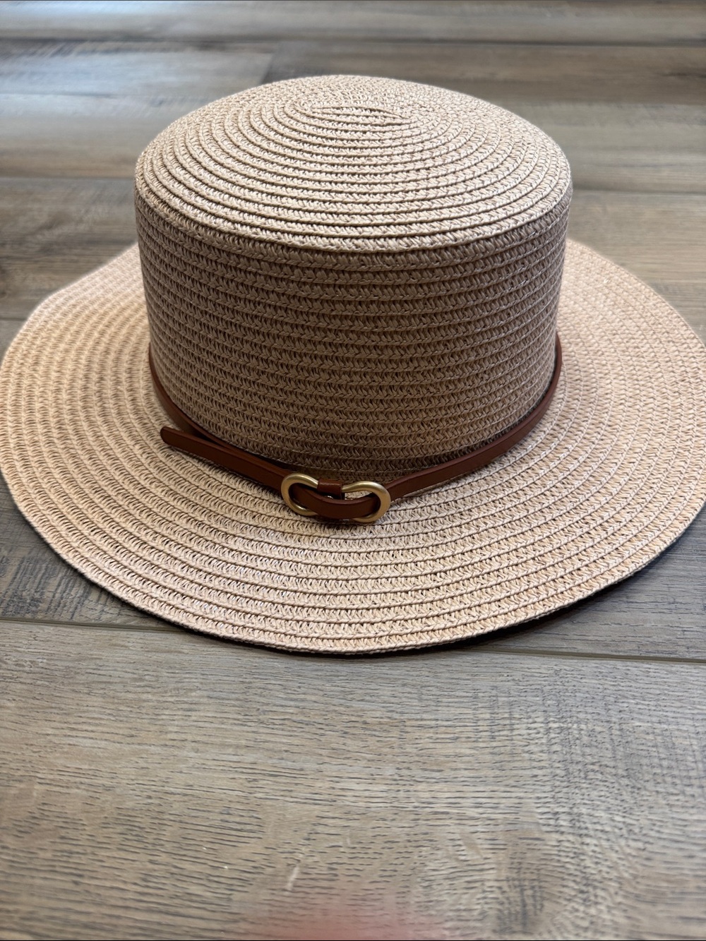 Straw Boater Hat with Brown Leather Band - Women Accessories